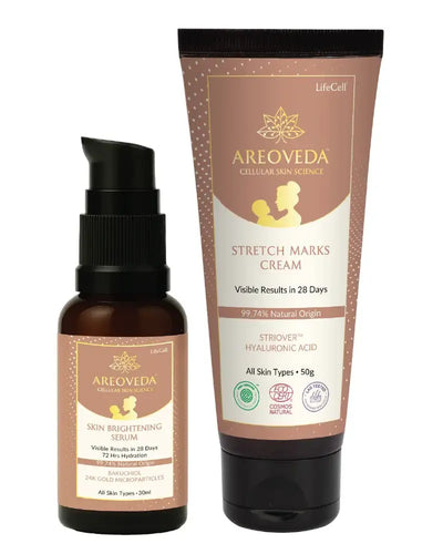 AreoVeda skin brightening serum and stretch marks cream on a white background