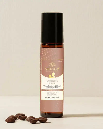 AreoVeda Under Eye Serum for pregnancy skincare, 10ml bottle with coffee beans, EWG-verified, natural origin