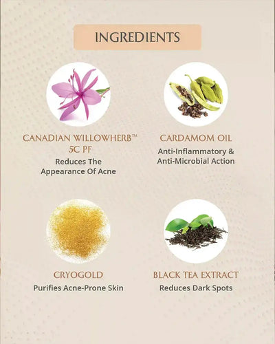 List of skincare product ingredients with icons and descriptions on a beige background