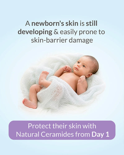 Newborn baby wrapped in soft blanket, gentle skincare with natural ceramides for delicate skin protection from day one
