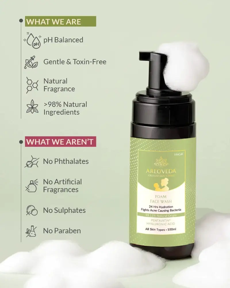 Foam face wash bottle with green label on a light green background, featuring product details.