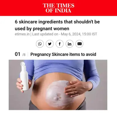 Article from The Times of India about pregnancy skincare items to avoid, featuring a pregnant woman holding a bottle.