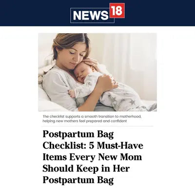 Woman holding a baby with 'News18' logo at the top, featuring a postpartum bag checklist.