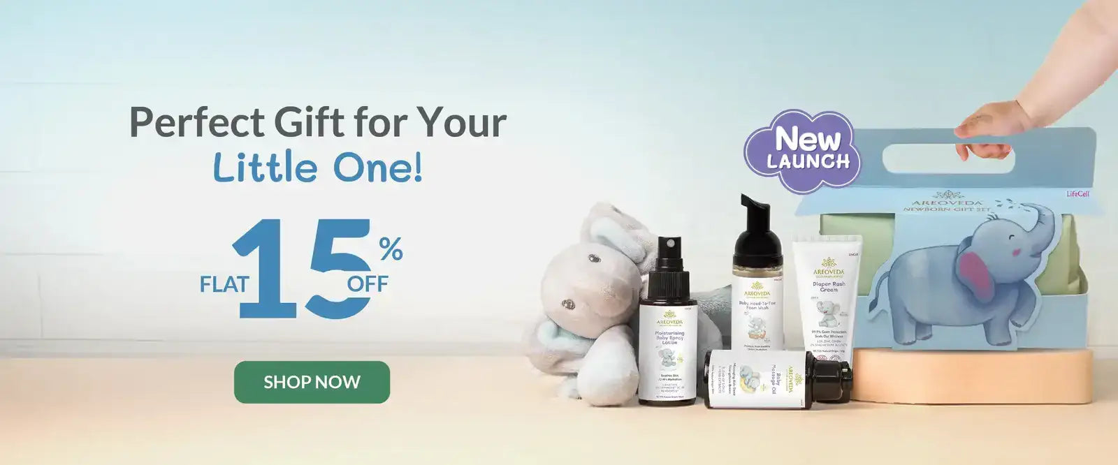 Baby products with a discount offer on a light blue background