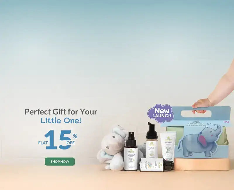 Baby product set with a hand holding a box, promotional text on a light blue background