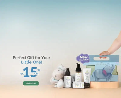 Baby product set with a hand holding a box, promotional text on a light blue background