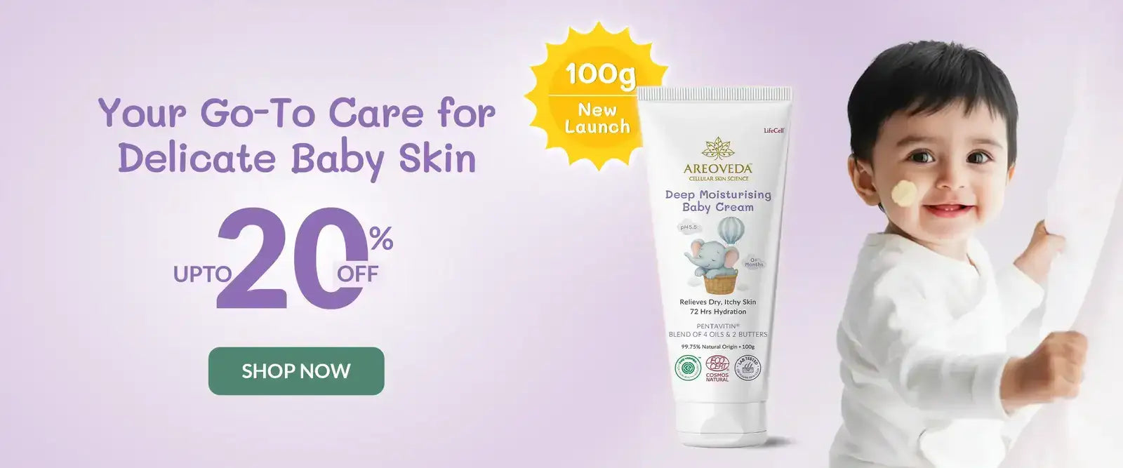 Aedevita baby cream with a child holding it on a light purple background, featuring promotional text.