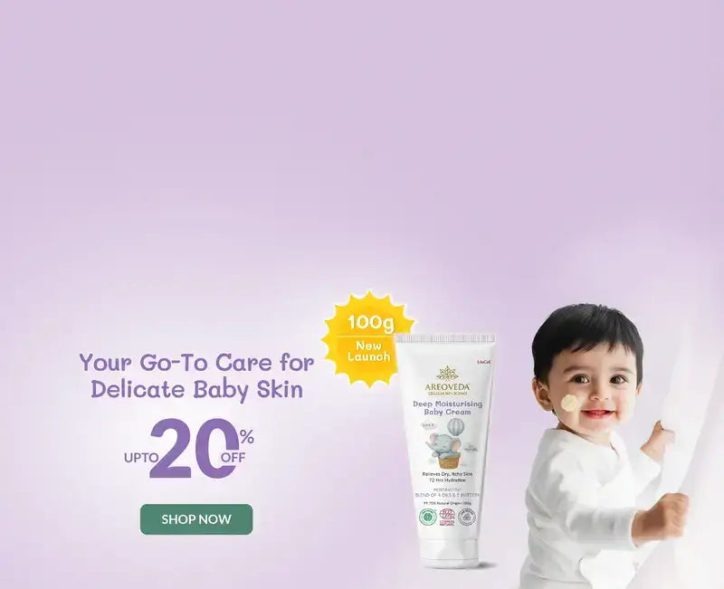 Averda baby skincare product with a child on a light purple background