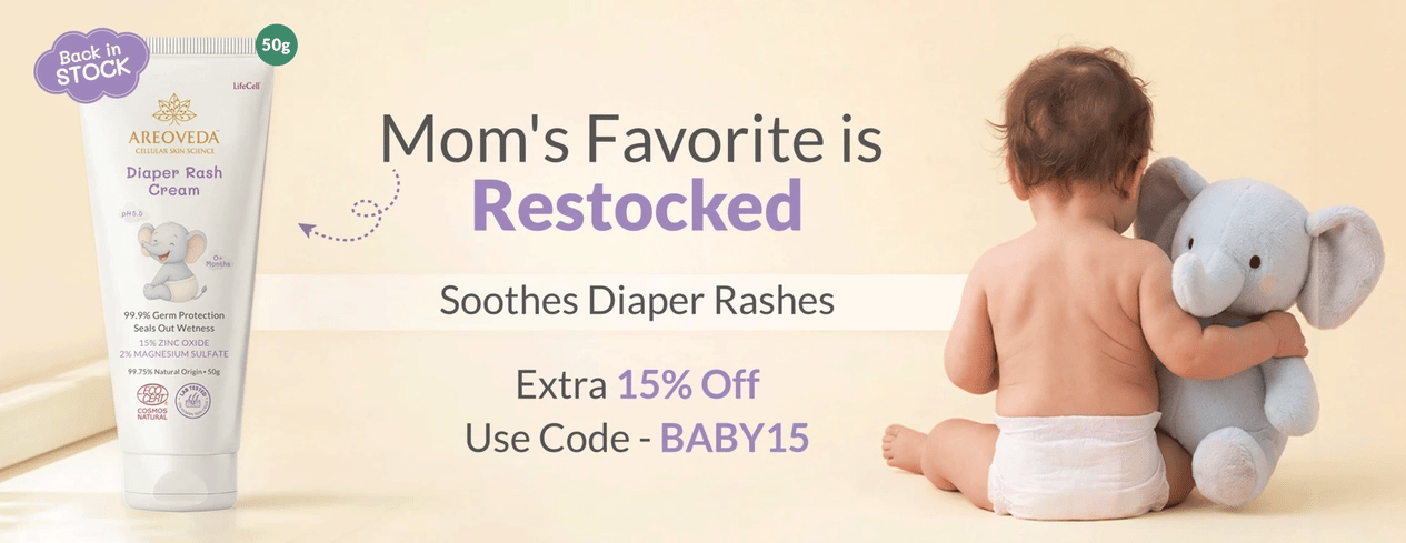 Promotional banner for diaper rash cream with a child and elephant toy, featuring Arvindeva brand.