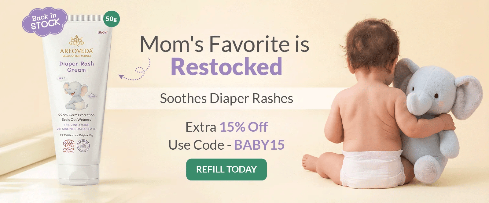 AreoVeda diaper rash cream with a baby and elephant toy on a light background, featuring promotional text.