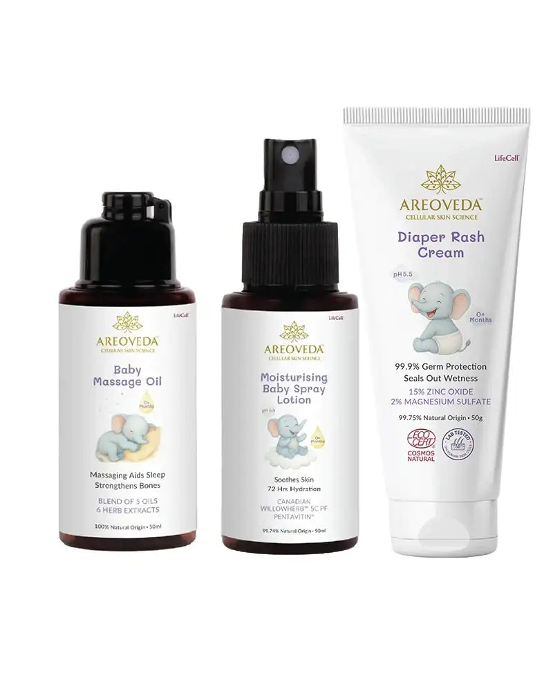 Three baby care products from Areoveda on a white background