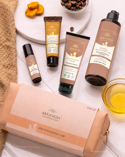 AreoVeda skincare products on a white surface with a box labeled 'New Mom Nursing Care'.