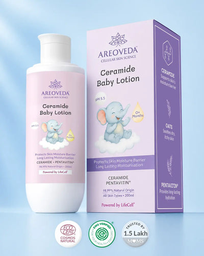 A bottle and box of AREOVEDA Ceramide Baby Lotion displayed on a light blue gradient background, featuring a lavender and purple color scheme with an illustration of a baby elephant.