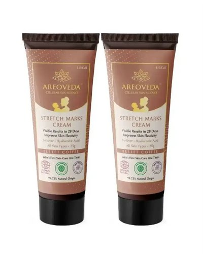 Two tubes of Areoveda Stretch Marks Cream on a white background