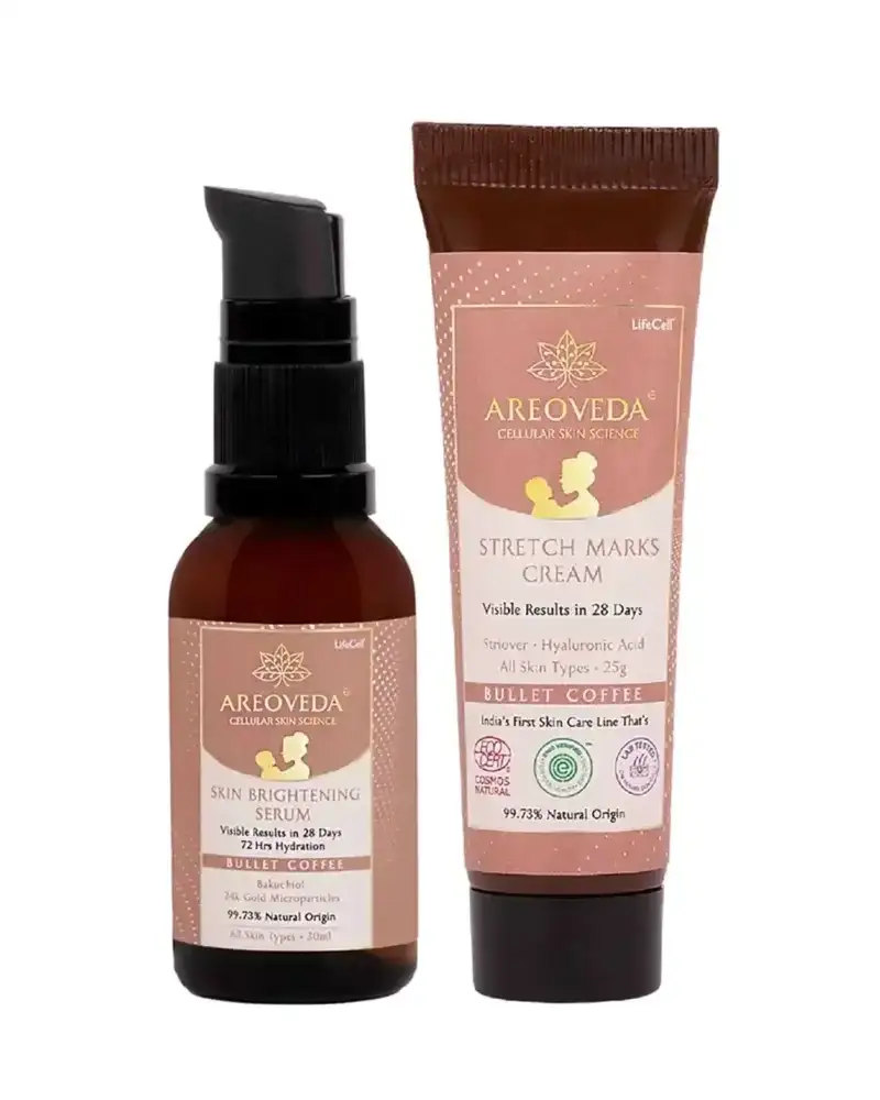 Areoveda skincare products including a serum and stretch marks cream on a white background